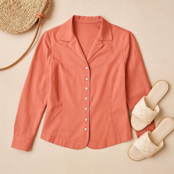 Talbots Blouse Herringbone Button Front Coral Pink Preppy Classic Size 10 - Picture 10 of 10